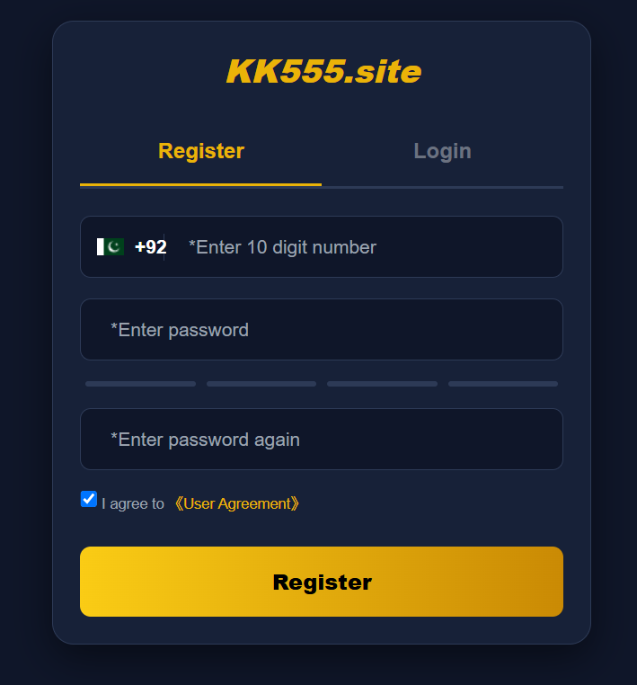 KK555 Game registration screen on Android with new account signup form