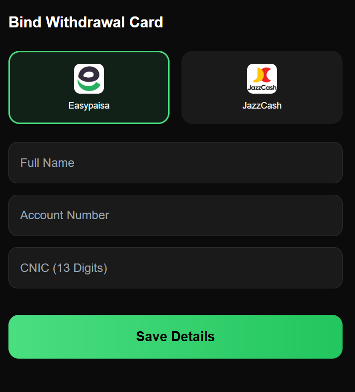 KK555 Game withdrawal methods using JazzCash and Easypaisa on Android