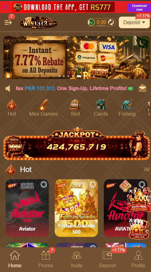 Win1313 Game dashboard interface showing account balance and game options on Android