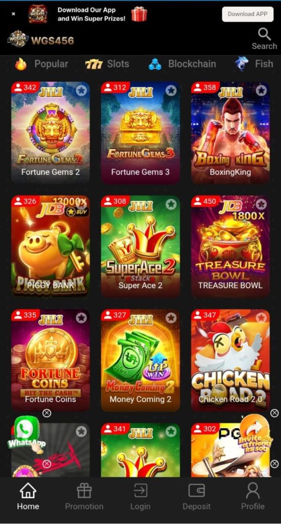 WGS456 Game games section featuring multiple online games on Android