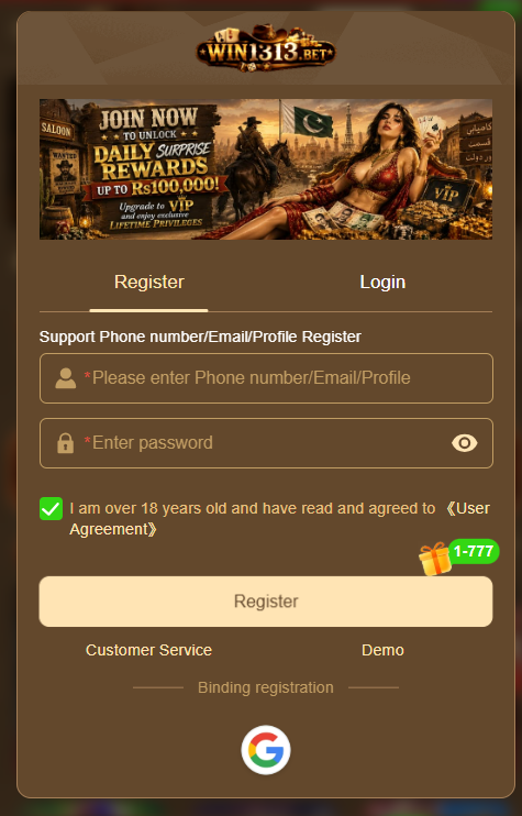 Win1313 Game registration page showing Android account signup process