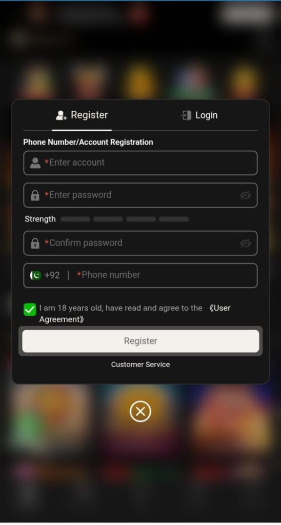 WGS456 Game registration page for creating a new Android account