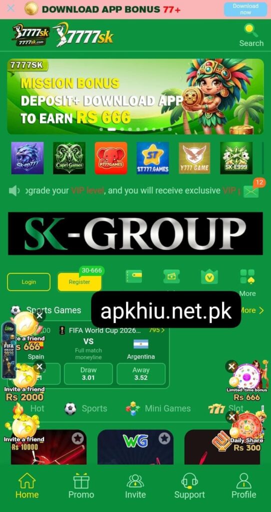 777sk Game dashboard showing account overview, game lobby, wallet, and user profile on Android