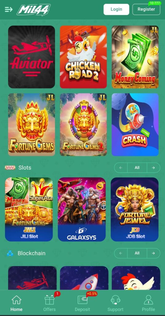 MIL44 Game dashboard showing user account, wallet balance, and game menu