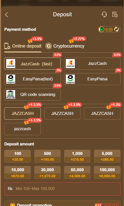 Win1313 Game deposit methods section showing available payment options on Android