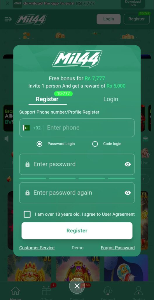 MIL44 Game registration page with quick sign up form for new users