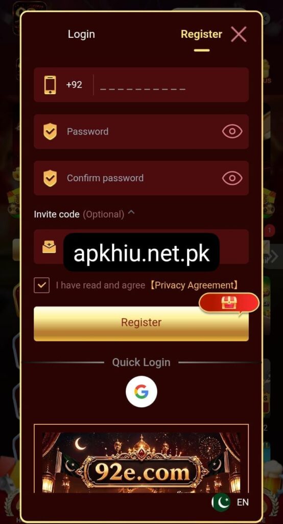 92E Game registration page showing account sign up form for Android users in Pakistan