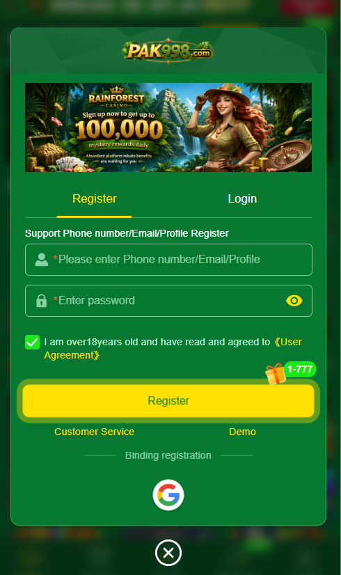 Pak998 Game registration page for Android users in Pakistan